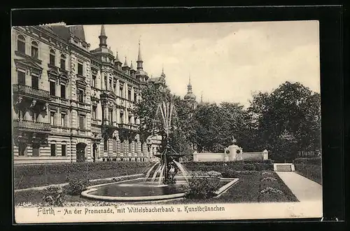 AK Fürth i. B., Wittelsbacherbank und Kunstbrünnchen an der Promenade