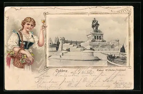 Passepartout-AK Coblenz / Rhein, Kaiser Wilhelm-Denkmal, Fräulein in Tracht