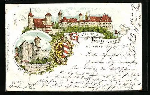 Lithographie Nürnberg, Kaiserburg, Café Fremdenruh, Stadtwappen