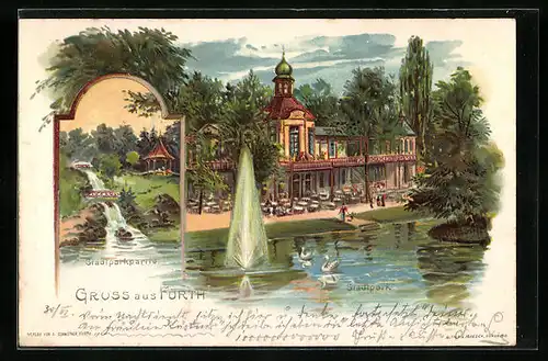 Lithographie Fürth i. B., Stadtpark mit Café und Wasserfall