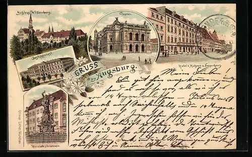 Lithographie Augsburg, Hotel, Mohren und Fuggerhaus, Herculesbrunnen, Schloss Wöllenburg