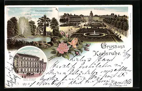 Lithographie Karlsruhe, Hotel Victoria, Schloss und Schlossgartensee