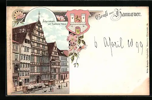 Lithographie Hannover, Schmiedestrasse mit Leibniz-Haus, Stadtwappen