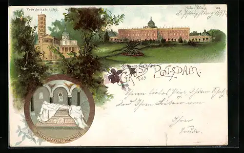 Lithographie Potsdam, Neues Palais, Friedenskirche, Mausoleum Kaiser Friedrich III.