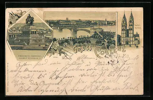 Lithographie Coblenz, Castor-Kirche, Gesamtansicht, Provinzial-Denkmal Kaiser Wilhelm I.