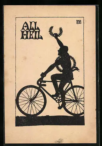 Künstler-AK sign. Karola Pierson-Vietor: Scherenschnitt eines Radsportlers mit Siegerkranz