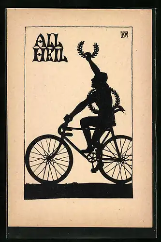 Künstler-AK sign. Karola Pierson-Vietor: Scherenschnitt eines Radsportlers mit Siegerkranz