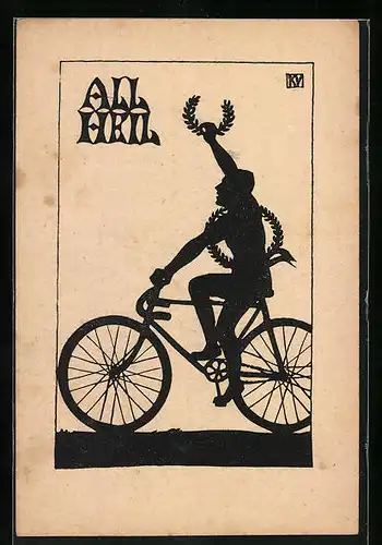 Künstler-AK sign. Karola Pierson-Vietor: Scherenschnitt eines Radsportlers mit Siegerkranz