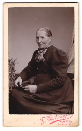Fotografie F. X. Siegler, Kempten, Kotternerstr., Portrait betagte hübsche Dame im prachtvollen Kleid