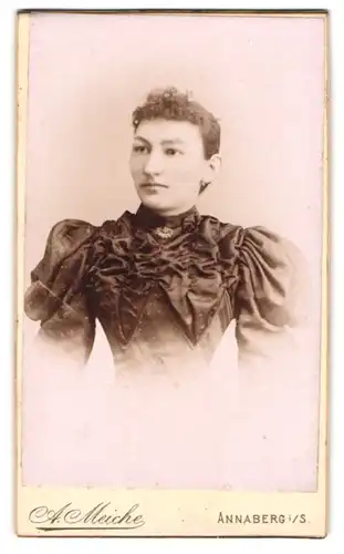 Fotografie A. Meiche, Annaberg i. S., Zickzackpromenade, Portrait brünette Schönheit im gerüschten Kleid