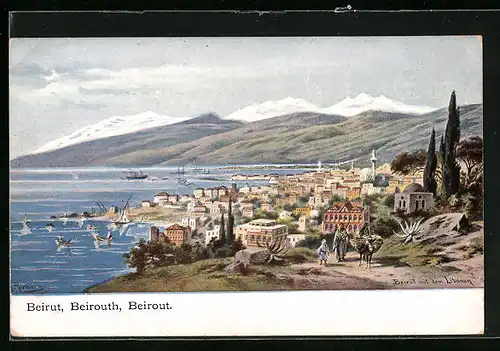 Künstler-AK Beirut, Stadttotale mit Blick auf das Mittelmeer