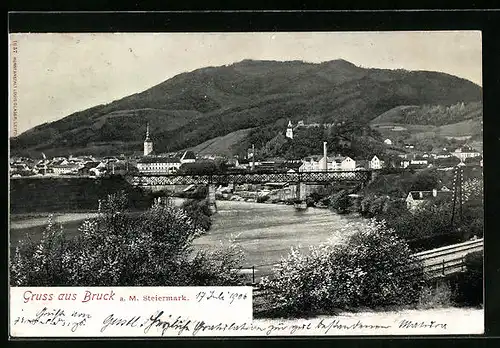 AK Bruck a. M. in der Steiermark, Ortspanorama mit der Brücke im ordergrund