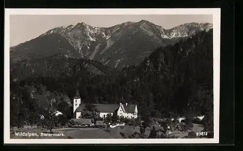 AK Wildalpen i. d. Steiermark, Blick auf die Kirche unter dem Berg