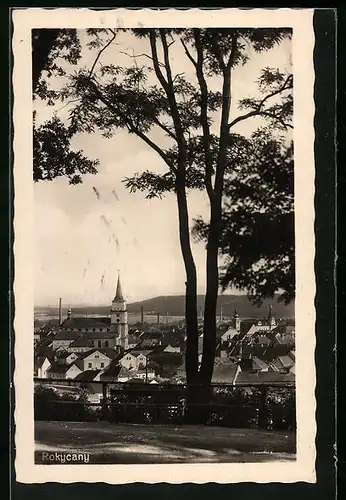 AK Rokycany, Stadttotale mit Blick zur Kirche