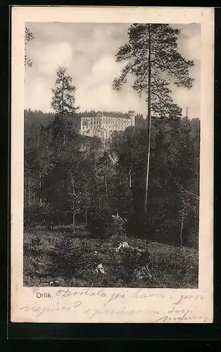 AK Orlik, Blick zum Schloss auf dem Felsen