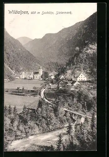 AK Wildalpen i. d. Steiermark, Blick auf den Ort und die Kirche