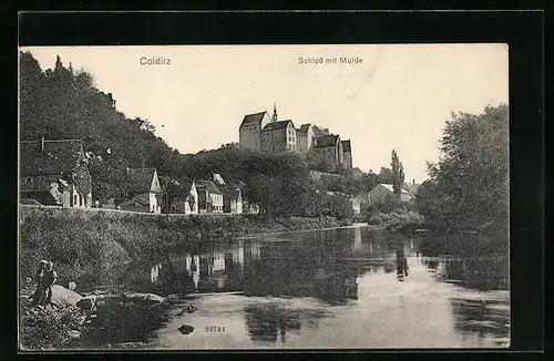 AK Colditz i. Sa., Muldeufer mit Blick zum Schloss