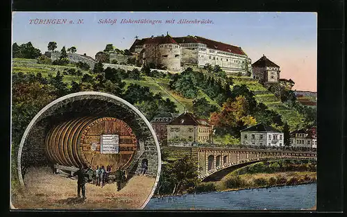 AK Tübingen am Neckar, Blkick hinauf zum Schloss Hohentübingen mit Alleenbrücke und dem Riesenfass im Schlosskeller