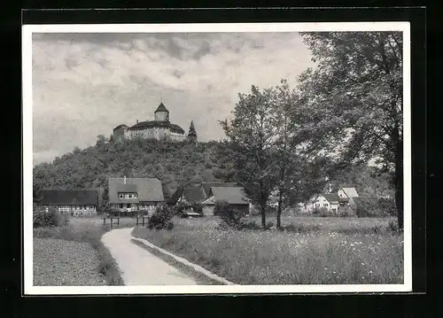 AK Oppenweiler, Blick von den Wohnhäusern hinauf zum Schloss Reichenberg
