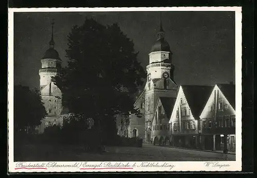 AK Freudenstadt im Schwarzwald, die ev. Stadtkirche bei Nachtbeleuchtung