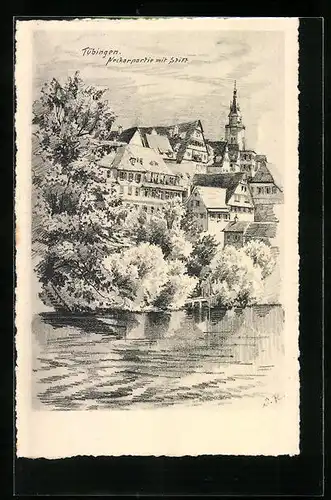 Künstler-AK Tübingen, Neckarpartie mit dem Stift