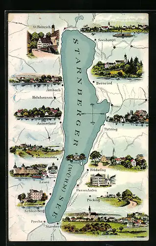 AK Seeshaupt, Stadtpanorama, Blick auf Bernried, Tutzintg, Feldafing und St. Heinrich, Landkarte des Starnberger See