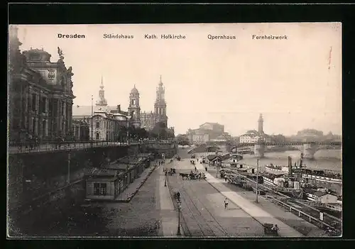AK Dresden, Elbquai mit Blick auf Opernhaus und Fernheizwerk