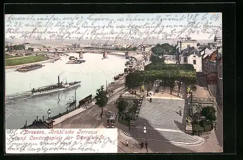 AK Dresden, Brühl'sche Terrasse mit Landungsplatz der Dampfschiffe