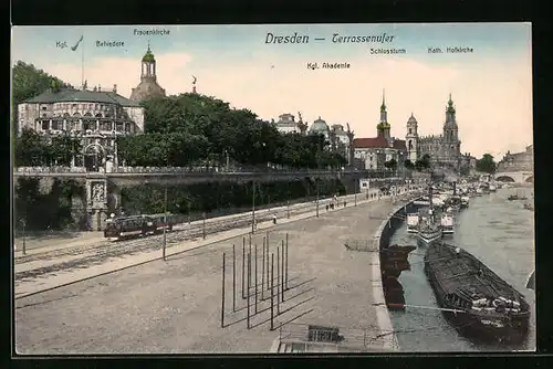 AK Dresden, Terrassenufer mit Kgl. Belvedere und Schlossturm