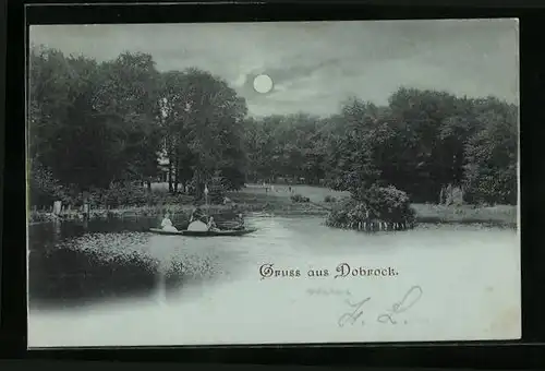 Mondschein-AK Dobrock, Ruderpartie auf dem Parkteich