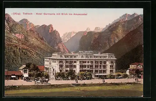 AK Toblach, Hotel Germania mit Blick ins Ampezzotal