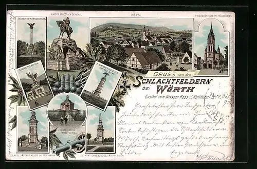 Lithographie Wörth, Friedenskirche, Panorama, verschiedene Denkmäler