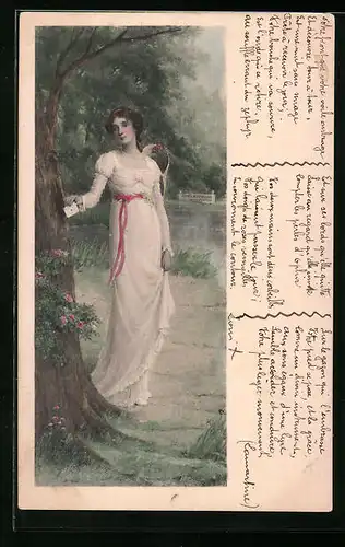 Künstler-AK M. Munk Nr. 154: schönes Fräulein mit Hut über der Schulter am Ufer stehend