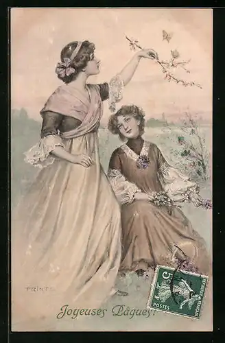 Künstler-AK M. Munk Nr. 356: zwei schöne Fräulein bei einem Osterspaziergang auf der Blumenwiese