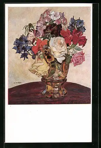 Künstler-AK M. Munk Nr. 1325: stilvolle Vase mit Rosen, Nelken und anderen Blumen