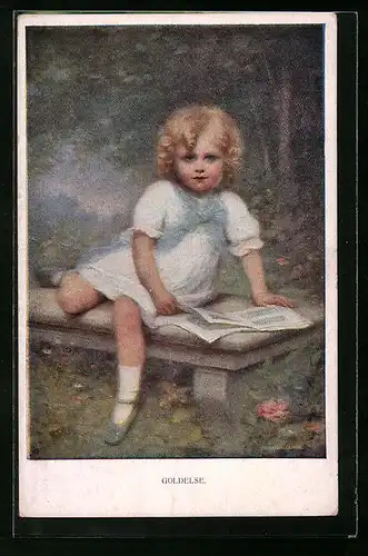 Künstler-AK M. Munk Nr. 880: Goldelse, blondes Mädchen sitzt auf einer Bank