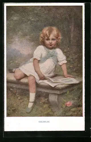 Künstler-AK M. Munk Nr. 880: Goldelse, blondes Mädchen sitzt auf einer Bank