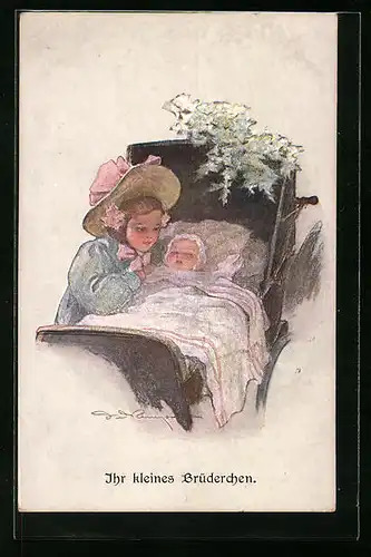 Künstler-AK M. Munk Nr. 996: Ihr kleines Brüderchen, grosse Schwester steht am Kinderwagen