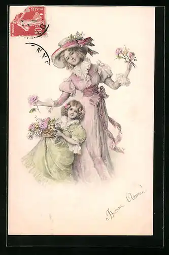 Künstler-AK M. Munk Nr. 237: Mutter und Töchterchen zeigen ihre Blumen