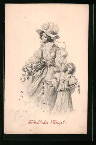 Künstler-AK M. Munk Nr. 237: Mutter und Tochter mit Blumen
