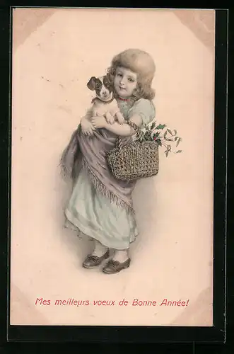 Künstler-AK M. Munk Nr. 238: Mädchen mit Hund und Blumenkorb im Arm