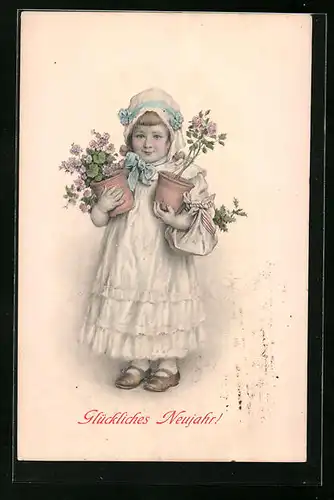 Künstler-AK M. Munk Nr. 238: niedliches Mädchen mit zwei Blumentöpfen in den Händen