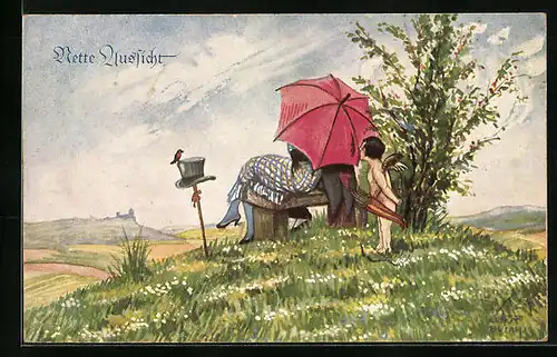 AK Amor steht hinter Liebenden auf Bank