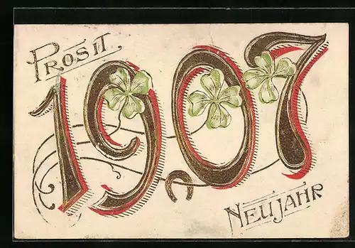 Präge-AK Jahreszahl 1907 mit Kleeblättern