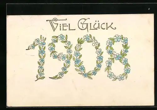 AK Jahreszahl 1908 auf blauen Blumen