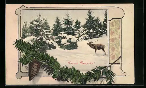 AK Röhrender Hirsch im Schnee, Neujahr
