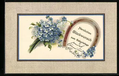 Präge-AK Geburtstagsgruss mit Hufeisen und Vergissmeinnicht