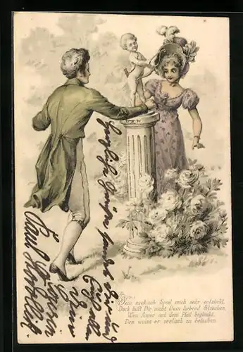 AK Liebespaar trifft sich bei Amor-Skulptur