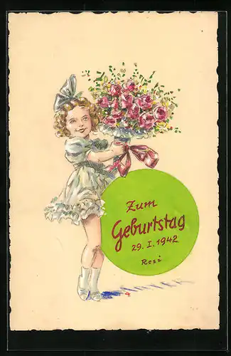 AK Mädchen mit Rosenstrauss, Geburtstag 1942