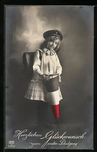 AK Mädchen mit Ranzen zum Schulanfang